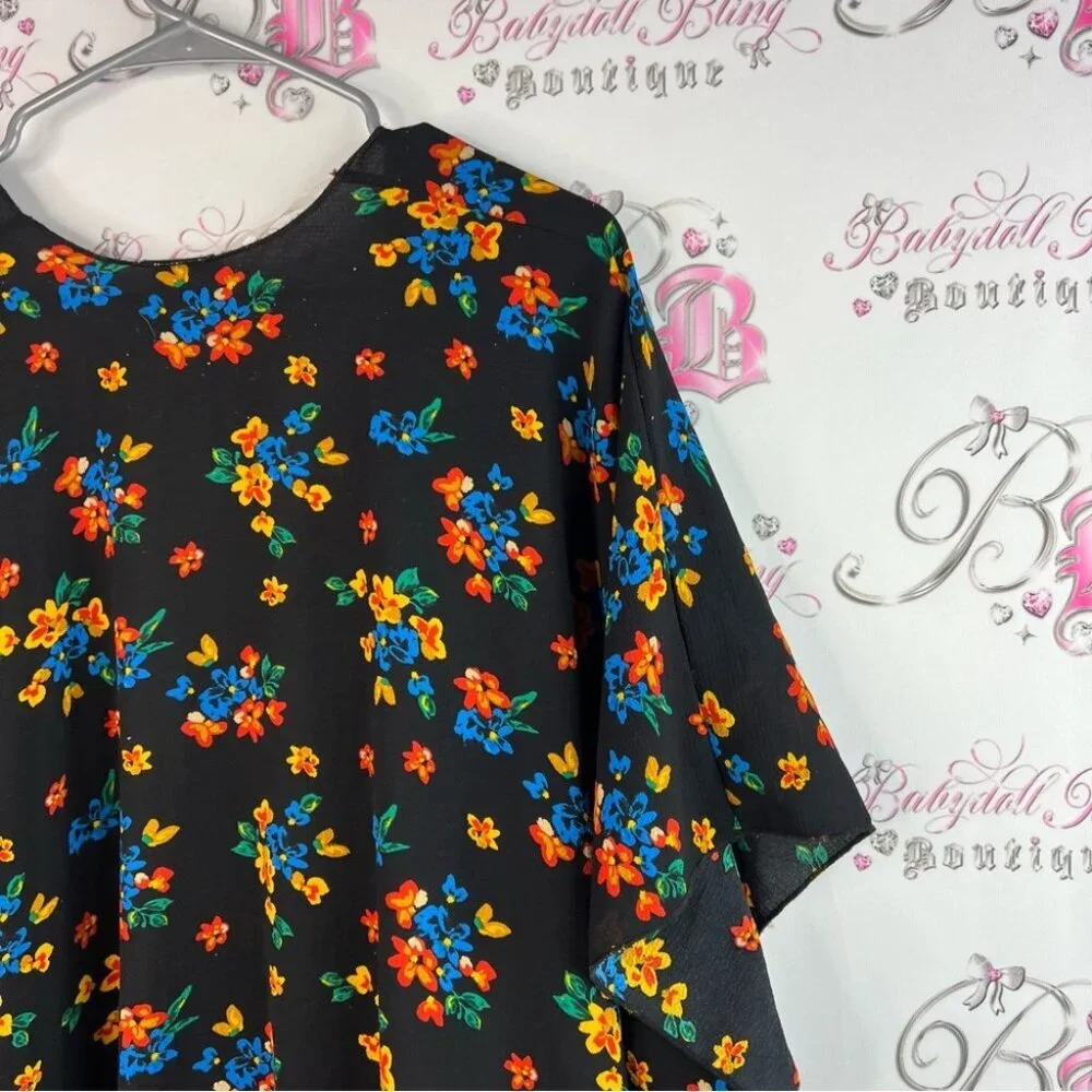Cover Me cardigan long style flowers Floral Kimono orange blue yellow Black